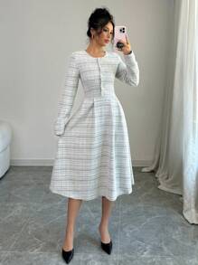 Elenzga Đầm Maxi Dài Tay Ôm Eo Cổ Tròn Cho Nữ Trang Phục Nữ - Đen và trắng - Xem 5