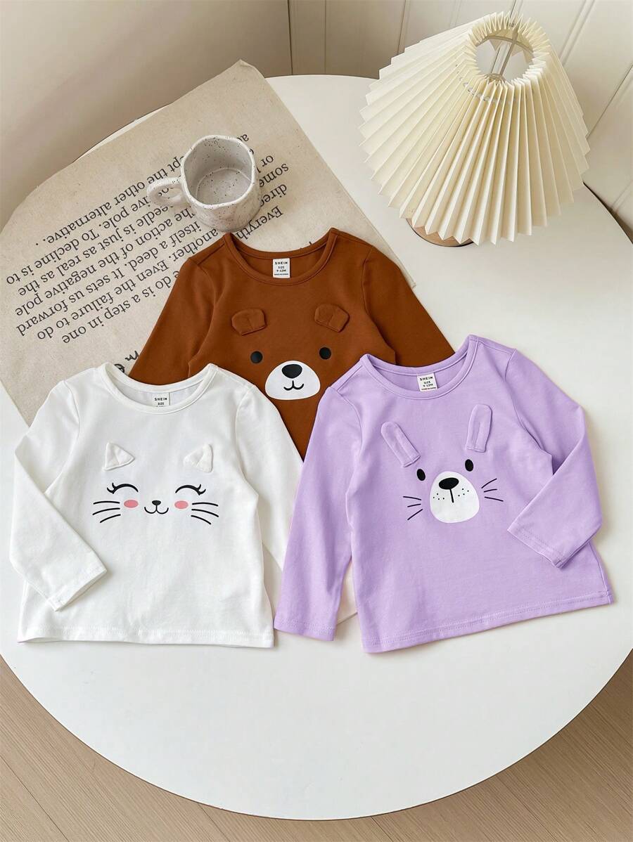 SHEIN LMoss Kids Conjunto de 3 piezas de tops de manga larga con patrón de dibujos animados lindos para bebés niñas, para otoño/invierno - Multicolor - Ver 1