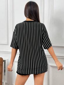 SHEIN EZwear Women Football Jersey Sports Competition Vertical Stripe Letter Print Patchwork Loose Short Sleeve T-Shirt - Black - View 2