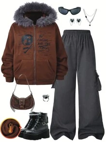 SHEIN Conjunto de 2 piezas para adolescentes: Ropa con capucha de diseño estampado y forro térmico + Pantalones cargo de pierna ancha, adecuado para ropa casual de calle en otoño/invierno - Multicolor - Ver 1