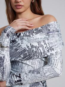 AiiRZ Off Shoulder News Print Top Ruched Long Sleeve Graphic Bodysuit Stretch Form Fitting Street Style Urban Statement Piece Contemporary Modern Aesthetic - Multicolor - View 3