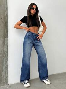 Cottnline 100% Cotton WOMEN WIDE LEG BELTED MID WAIST JEANS - Medium Wash - View 1