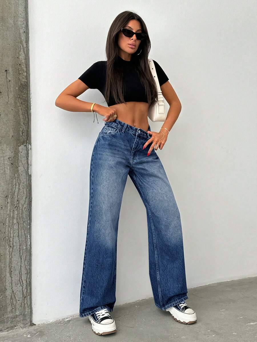Cottnline 100% Cotton WOMEN WIDE LEG BELTED MID WAIST JEANS - Medium Wash - View 1