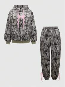 ROMWE Grunge Punk Bộ 2 chiếc/Bộ Áo hoodie và quần thêu họa tiết ngụy trang Y2K cho nữ - Nhiều màu - Xem 1