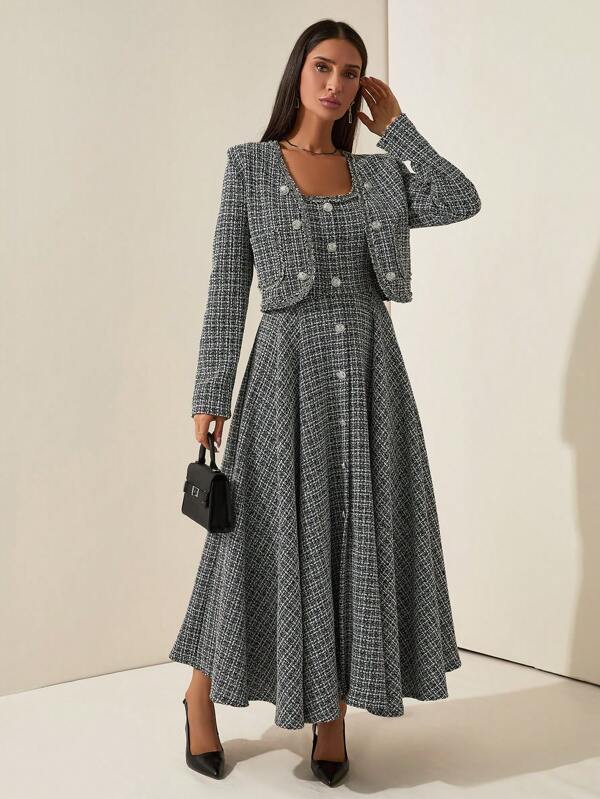 RueChic Damen Retro elegantes Tweed Kleid und Mantel 2-teiliges Set, Herbst