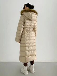 EURMUSE Rust Brown Long Winter Coat With Fur Detail - Beige - View 2