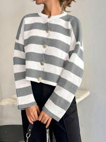 EURMUSE Women Stripe Pattern Round Neck Front Button Cardigan