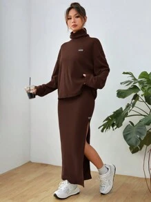 SHEIN EZwear 女士休闲字母印花高领宽松 T 恤和高开叉裙套装，秋冬 - 棕色 - 查看 6