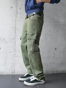 Claim Dot Plus Size Men Casual Turnover Pocket Cargo Denim Jeans, Spring & Autumn - Army Green - View 5