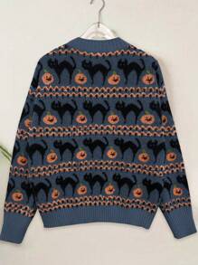 Chiquease New Arrival Retro Elegant Crew Neck Halloween Pumpkin Pattern Long Sleeve Knitted Sweater Fall Winter - Navy Blue - View 2
