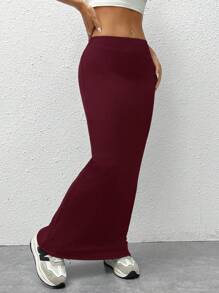 SHEIN EZwear Váy dài đến đầu gối bó sát đan màu đen dành cho nữ - Màu Đỏ Sâu - Xem 4