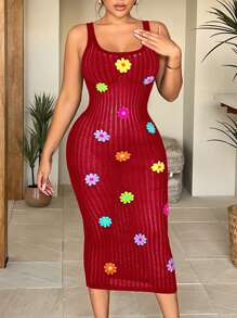 SHEIN SXY Colorful Floral Crochet Knit Bodycon Mini Dress, Summer Holiday Wear - Red - View 1