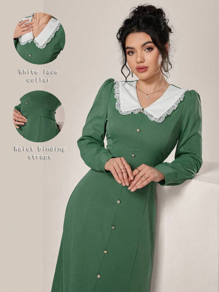 Modelyn 女士纯色撞色前扣长袖休闲连衣裙长款女士装长款晚礼服 - 綠色 - 查看 1