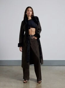 AiiRZ Winter Fur Trim Long Maxi Coat Thick Suede Fabric Soft Plush Collar Full Length Dressy Holiday Season Outerwear Warm Cozy Luxury