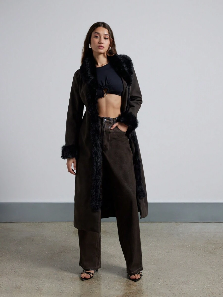 AiiRZ Winter Fur Trim Long Maxi Coat Thick Suede Fabric Soft Plush Collar Full Length Dressy Holiday Season Outerwear Warm Cozy Luxury