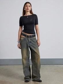 AiiRZ Prześwitujący krótki rękaw, szeroki dekolt, dopasowany top - Czarne - Zobacz 3