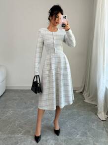 Elenzga Đầm Maxi Dài Tay Ôm Eo Cổ Tròn Cho Nữ Trang Phục Nữ - Đen và trắng - Xem 1