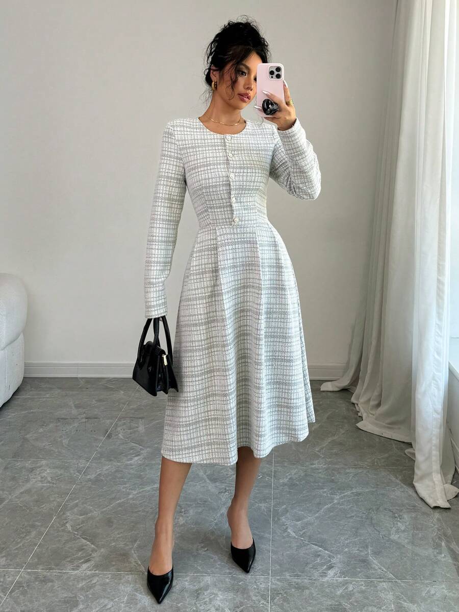 Elenzga Đầm Maxi Dài Tay Ôm Eo Cổ Tròn Cho Nữ Trang Phục Nữ - Đen và trắng - Xem 1