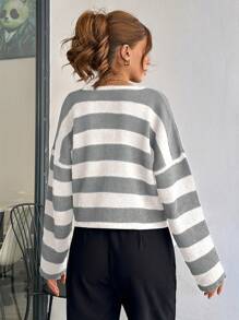 EURMUSE Women Stripe Pattern Round Neck Front Button Cardigan