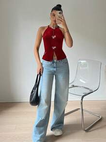 SHEIN EZwear Burgundy Velvet Knit Turtleneck Sleeveless Top For Women