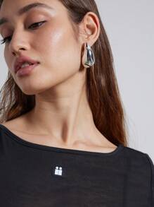 AiiRZ Prześwitujący krótki rękaw, szeroki dekolt, dopasowany top - Czarne - Zobacz 4