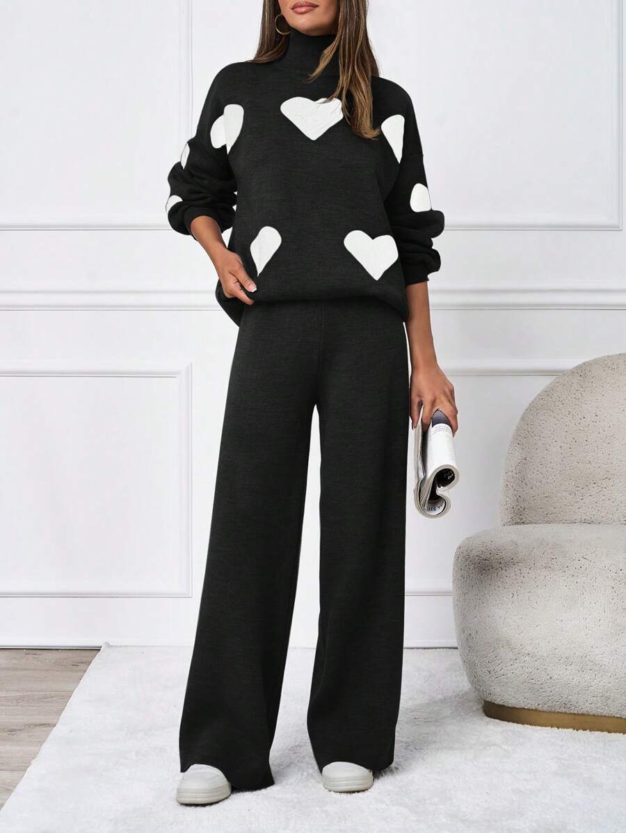 SHEIN Tall 2pcs/Set Casual Heart Pattern High Neck Sweater - Black - View 1