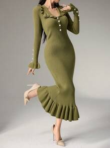 Modelyn Casual Daily Ruffle Ribbed Knit Mermaid Hem Sweater Dress, Autumn/Winter - Army Green - View 5