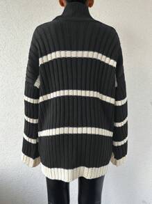 EURMUSE Women High Neck Striped Drop Shoulder Long Sleeve Casual Sweater, Fall/Winter - Black - View 2