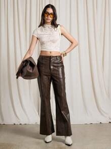 AiiRZ Faux Leather Mid-Rise Seam Detail Flared Pants - Brown - View 3