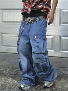 Manfinity EMRG Men's Casual Loose Fit Multi-Pocket Cargo Denim Jeans, Suitable For Spring And Autumn - Medium Wash - View 8