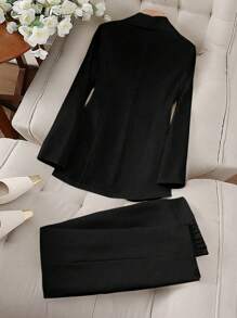 SHEIN Clasi 2 件套女士简约优雅立领单扣西装外套和裤子套装，办公室通勤装 - 黑色 - 查看 2