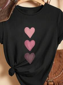 SHEIN LUNE 休闲心形图案圆领短袖女式 T 恤，适合秋季和夏季 - 黑色 - 查看 3