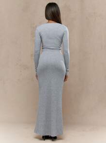 MISSGUIDED Top à manches longues col rond avec demi-boutons côtelés et jupe maxi évasée en deux pièces - Gris - Voir 2