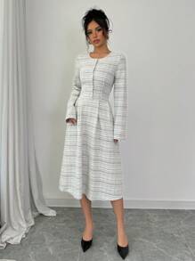 Elenzga Đầm Maxi Dài Tay Ôm Eo Cổ Tròn Cho Nữ Trang Phục Nữ - Đen và trắng - Xem 3