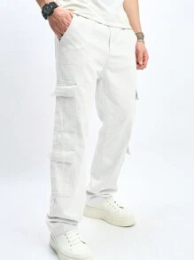 Chillumni Men's Multi Pockets Straight-Leg Loose Fit Casual Jeans - White - View 1
