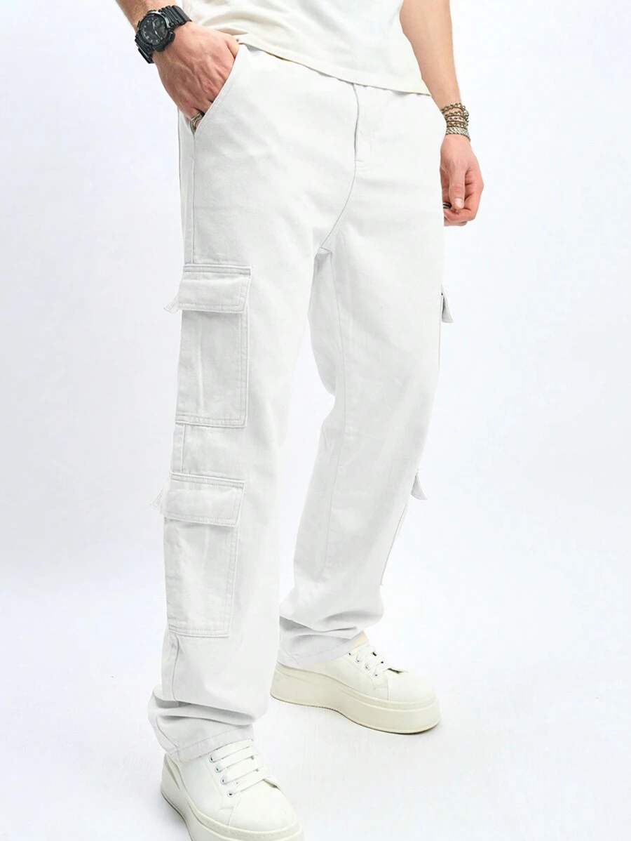 Chillumni Men's Multi Pockets Straight-Leg Loose Fit Casual Jeans - White - View 1