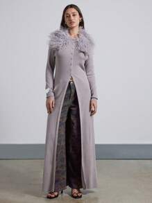 AiiRZ Luxurious Ribbed Maxi Cardigan With Mongolian Lamb Fur Collar Winter Elegant Button Front Long Sweater Cozy Layering Knitwear - Grey - View 1