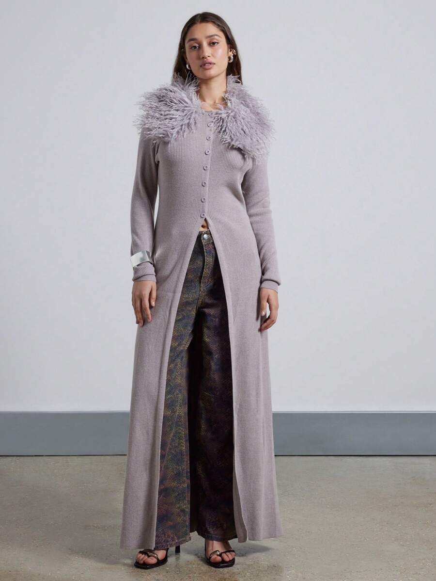 AiiRZ Luxurious Ribbed Maxi Cardigan With Mongolian Lamb Fur Collar Winter Elegant Button Front Long Sweater Cozy Layering Knitwear - Grey - View 1