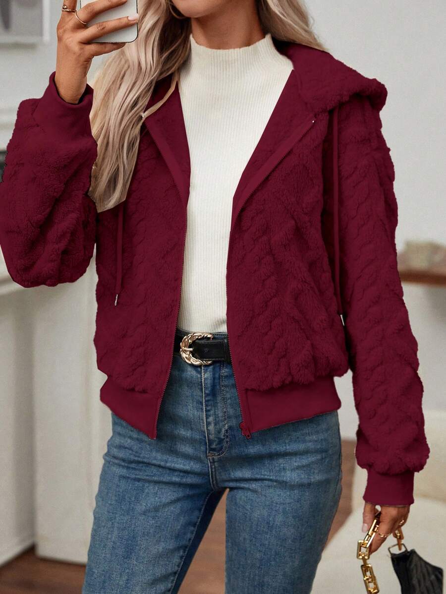 EMERY ROSE Áo khoác nỉ có mũ trùm đầu họa tiết trơn màu thường ngày dành cho nữ, mùa thu - Màu Đỏ Sâu - Xem 1