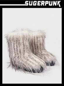 Sugerpunk Y2K 2024 Autumn/Winter New Fashion Women Black Furry Mid-Calf Boots