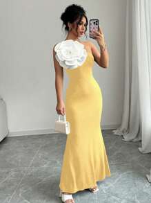 Elenzga Vestido sin mangas de unicolor con cuello asimétrico y flor decorativa, vestido elegante de verano para mujeres