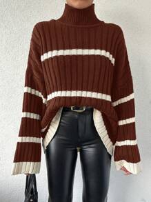 EURMUSE Women's Casual Striped Pattern Drop Shoulder Loose Flared Sleeve High Neck Sweater, Autumn/Winter - Redwood - View 6