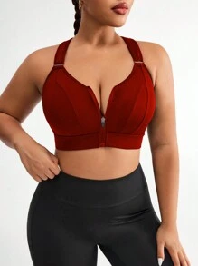 Plus Size Sports Racerback Bra With Adjustable Hook-And-Loop Shoulder Straps, Front Zipper Closure, High Support,With Sewn-In Pads,Non-Removable Pads For Women High Support Racerback,Workout, Yoga, Running For Chinese New Year