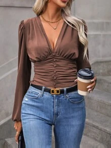 SHEIN Clasi Casual Solid Color Lantern Sleeve Ruched Waist Shirt For Autumn - Brown - View 3