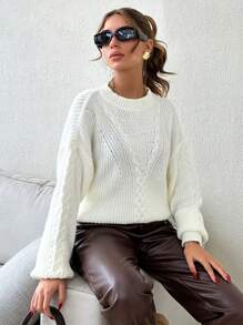 EURMUSE Casual Solid Color Cable Knit Dropped Shoulder Sweater, Autumn/Winter - Beige - View 4