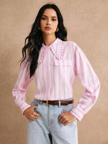 Poéselle Wooden Trim Casual Striped Long Sleeve Shirt, Pink Long Sleeve Top, Bright Pink, Contrasting Striped Shirt, Strawberry Shirt,2024 AW, Winter Clothes - Pink - View 3
