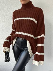 EURMUSE Women's Casual Striped Pattern Drop Shoulder Loose Flared Sleeve High Neck Sweater, Autumn/Winter - Redwood - View 5