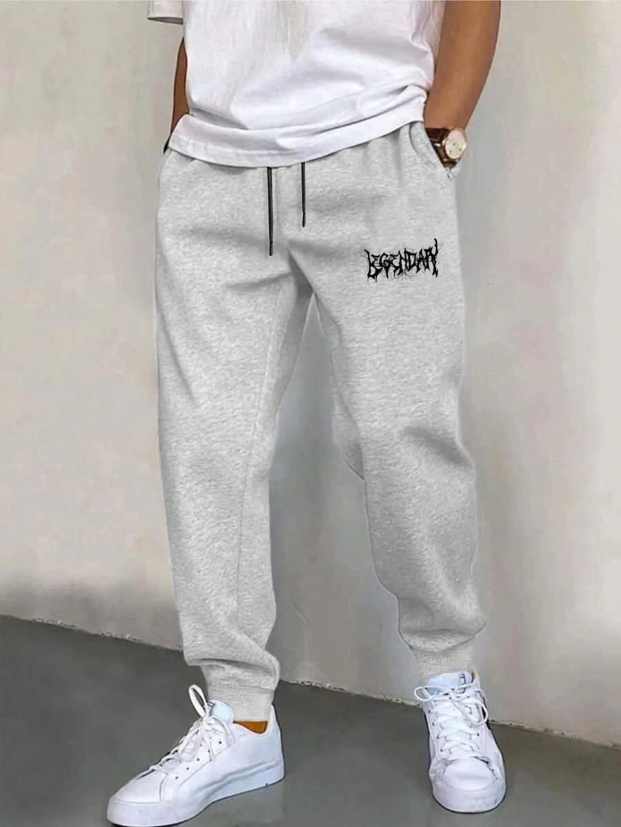 EURMUSE Cotton Men Letter Graphic Grey Drawstring Waist Sweatpants - Light Grey - View 1