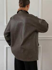 DAZY PU覆膜保暖内衬宽松长袖前开襟常规款女式夹克，秋季女装外套