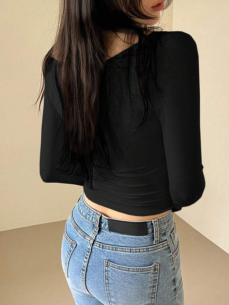 Women's Black Frill Trim Fitted Solid Color Drawstring Long Sleeve T-Shirt, Spring/Summer